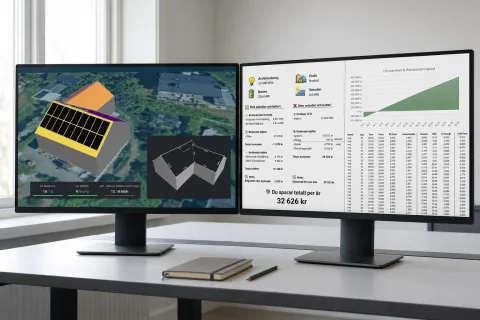 Projektering på skärm: 3D-modell av taket, timvis kalkyl och återbetalningstid