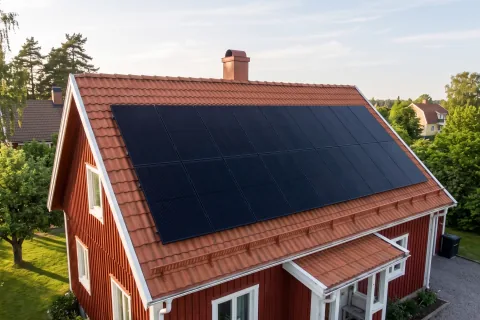 Färdig anläggning med helsvarta paneler på tegeltak
