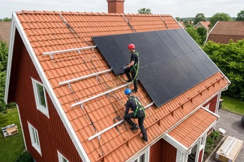 Två montörer monterar infästning och paneler på ett tegeltak